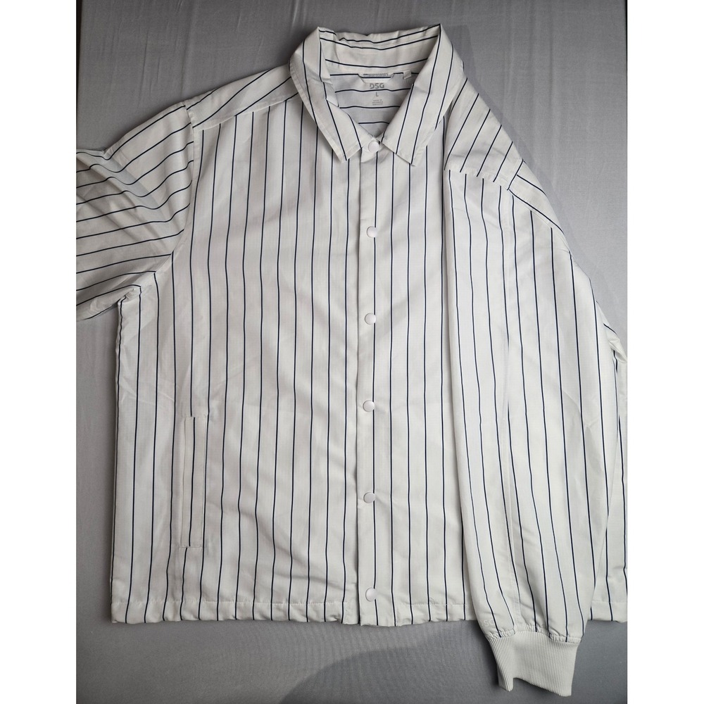DSG Mens Coaches Jacket White Navy Pinstripe Snap Front Ripstop Windbreaker L